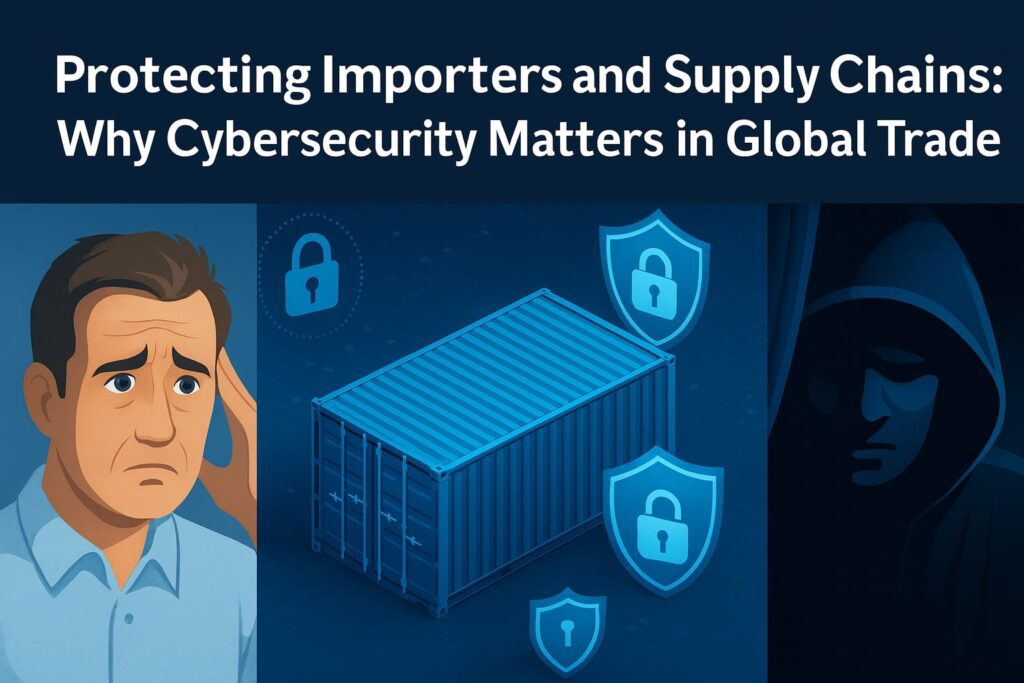 Concerned man beside a cargo container, highlighting the importance of cybersecurity for protecting importers in global trade.
