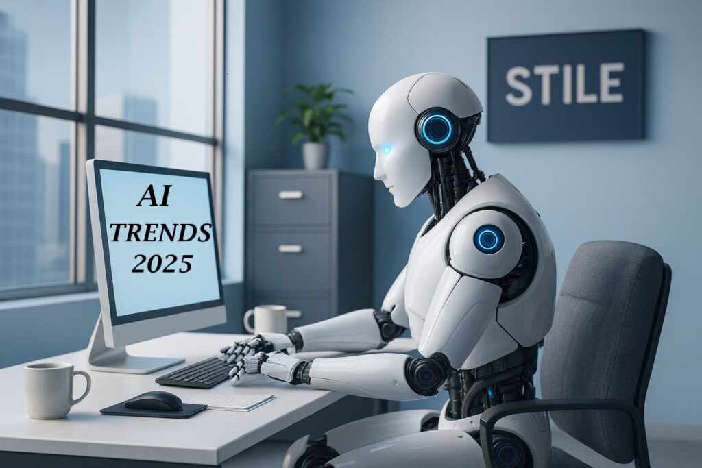 A white robot using a computer