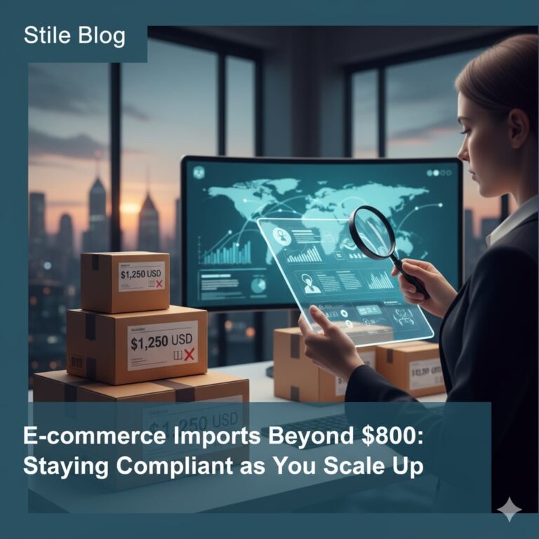 Business professional analyzes e-commerce data on a digital tablet, with shipping boxes labeled in USD in the foreground and a city skyline visible behind