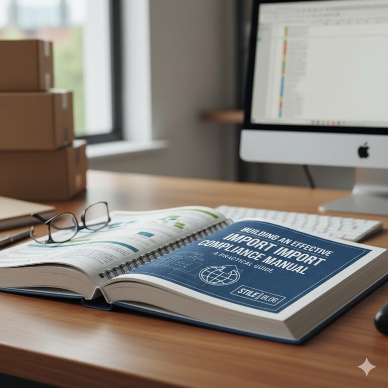 Open import compliance manual on a wooden desk, accompanied by glasses, a pen, and boxes in the background, suggesting a workspace focused on regulations.