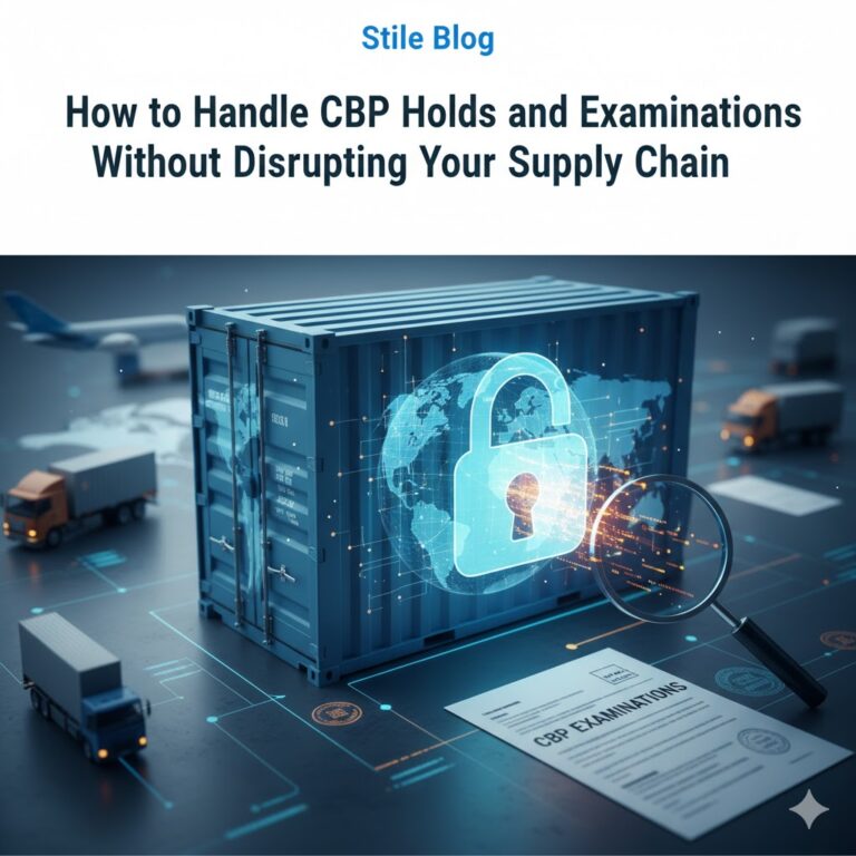 Digital illustration of a shipping container with a holographic lock, symbolizing security in supply chain management, alongside a CBP examination document and trucks.