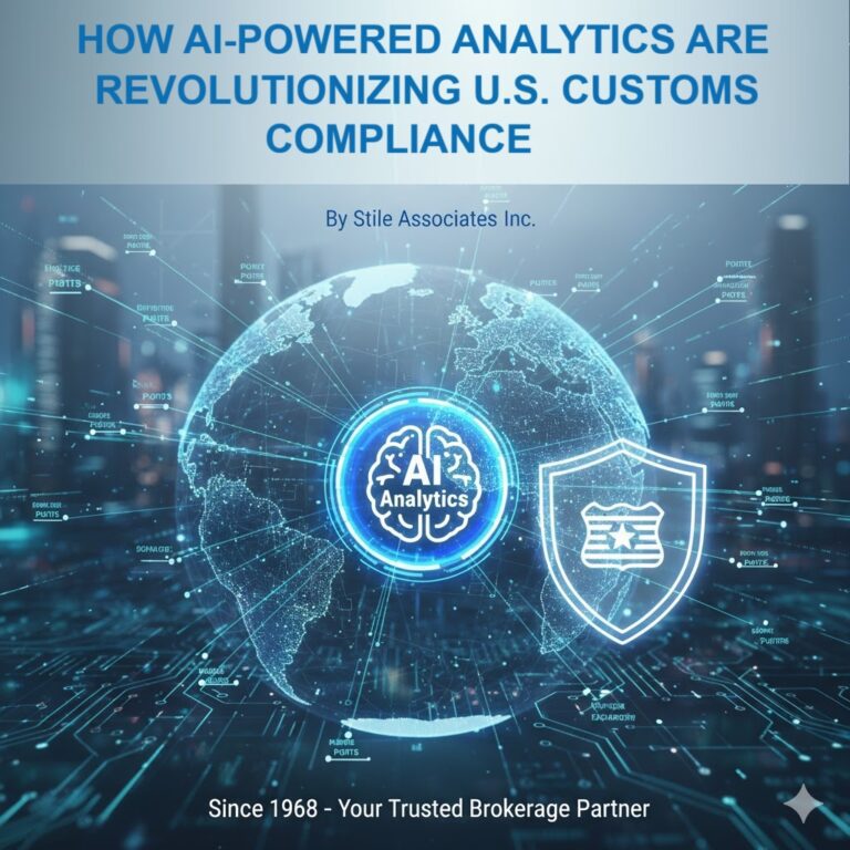 AI-powered analytics transform customs compliance, featuring a globe, analytics symbol, and shield icon, emphasizing tech's impact on trade regulations.
