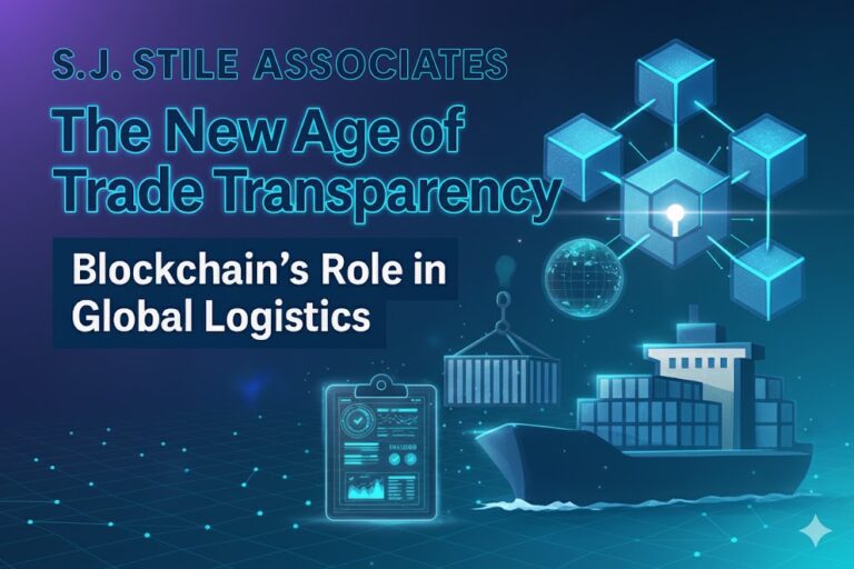Blockchain's impact on global logistics highlighted, featuring a cargo ship and digital elements symbolizing trade transparency.