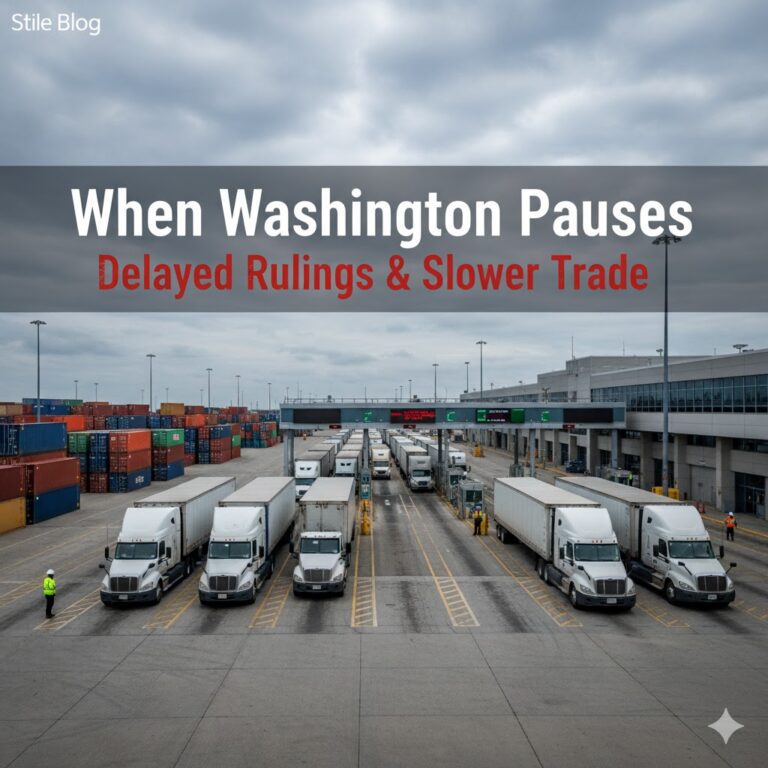 Trucks lined up at a cargo terminal amid shipping containers, illustrating delays in trade due to regulatory halts.